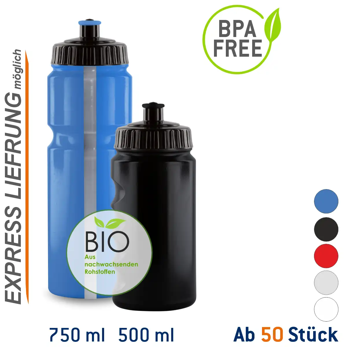 Sport-Trinkflasche Gripper Bio - Expresslieferung - ab 50 Stück - in 500ml und 750ml